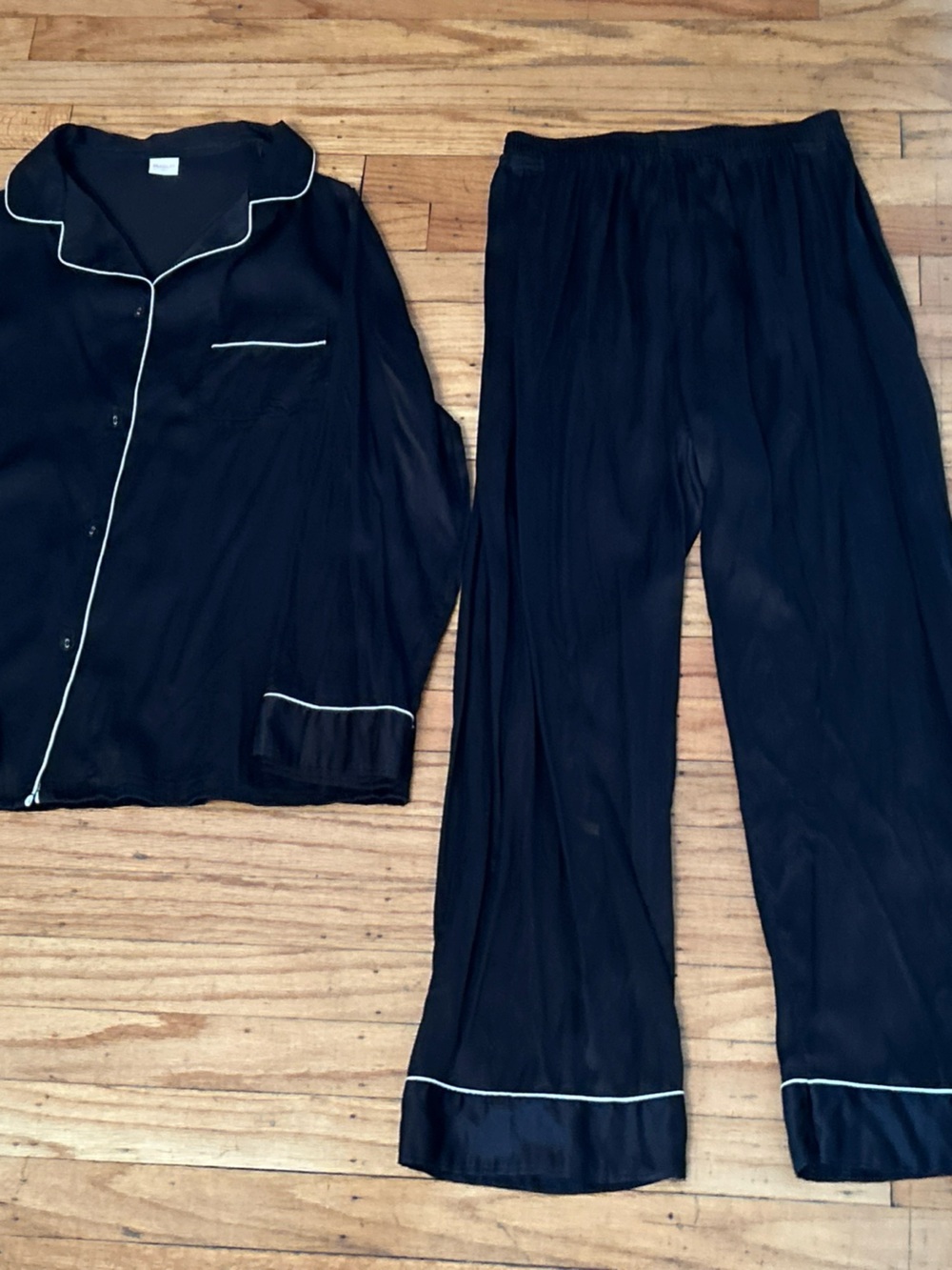 Black Women's Satin Pajama Set with White Piping